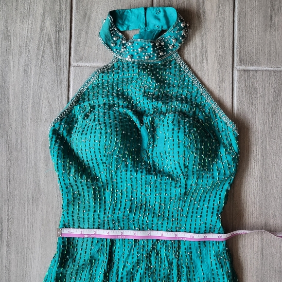 90s Turquoise Teal sequin Beaded Open Back Prom Dance Pageant Dress gown - Picture 4 of 11